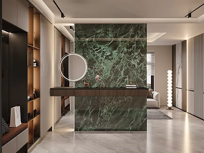 Modern Foyer Hallway Design with Green Marble Wall and Round Mirror 3d model