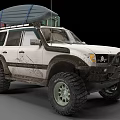 White Off Road SUV With Roof Rack Surfboard Luggage Muddy Body And Off Road Tires