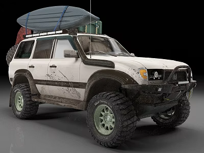 White Off Road SUV With Roof Rack Surfboard Luggage Muddy Body And Off Road Tires 3d model