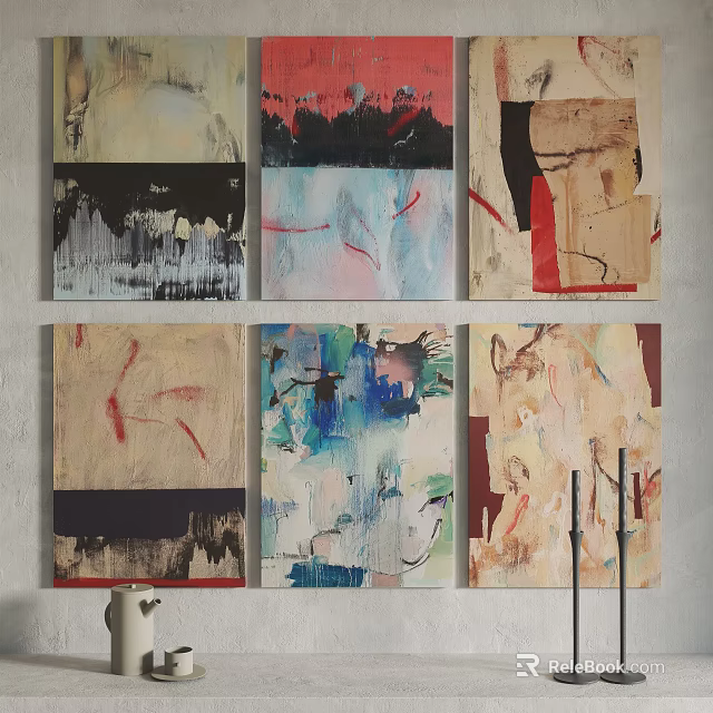 Abstract Paintings with Various Colorful Textures Hanging on Wall in Gallery Style 3d model 