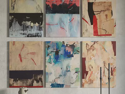 Abstract Paintings with Various Colorful Textures Hanging on Wall in Gallery Style 3d model