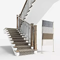Modern Staircase With Wooden Handrail Balustrade And Gray Carpet Steps Near Sample Display Stand