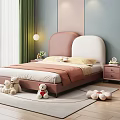 Children's Room Interior With Pink White Headboard Yellow Bed Sheets Stuffed Toys Green Curtains