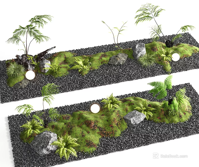 Natural Plant Combination With Lush Greenery Moss Stones Ferns And Small Lights 3d model 