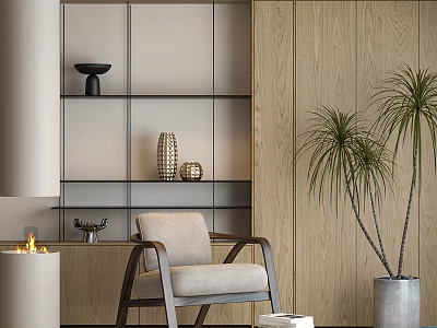 Elegant Modern Lounge Chair In Interior With Wooden Shelves Fireplace Decorative Items And Potted Plant 3d model