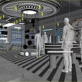Modern Futuristic Clothing Store Interior Design With Circular Chandelier Glass Display Cases And Mannequins