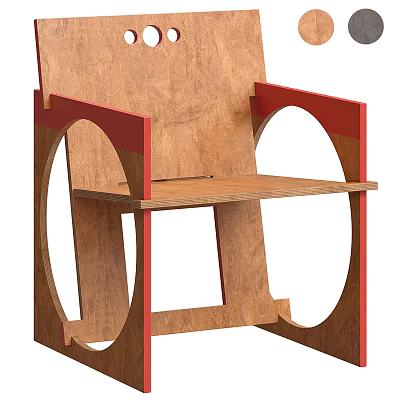 Modern Wooden Single Chair With Red Accents And Geometric Frame Design Structure 3d model