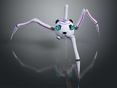 White Mechanical Spider Robot Design With Purple Accents And Blue Glowing Eyes 3d model