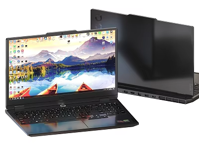 Black Open Laptop Displaying Scenic Wallpaper Desktop Icons And Closed Laptop 3d model