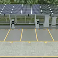 Solar Panel Roof Parking Lot With Electric Vehicle Charging Stations Marked Spaces And Trees