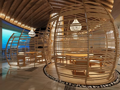 Modern Restaurant Interior With Wooden Circular Booths Hanging Pendant Lights And Dining Seating 3d model