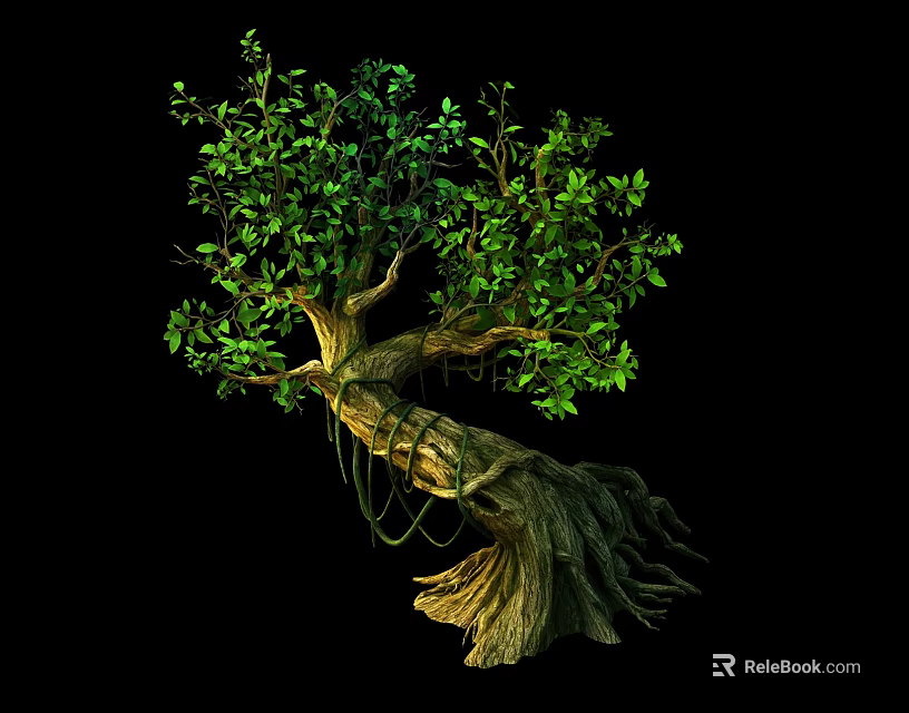 Realistic Arbor With Thick Trunk Twisted Branches Lush Green Leaves And Prominent Roots 3d model 
