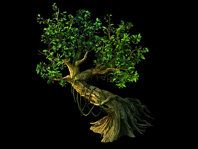 Realistic Arbor With Thick Trunk Twisted Branches Lush Green Leaves And Prominent Roots 3d model