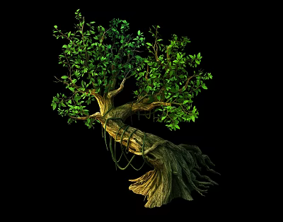 Realistic Arbor With Thick Trunk Twisted Branches Lush Green Leaves And Prominent Roots 3d model