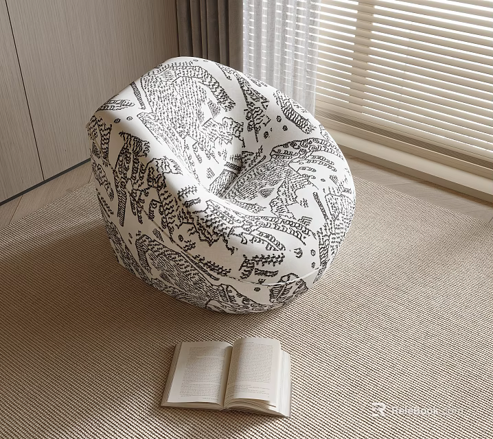 Comfortable Bean Bag Chair With Hand Drawn Black Patterns In Cozy Corner With Open Book 3d model 