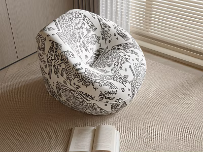 Comfortable Bean Bag Chair With Hand Drawn Black Patterns In Cozy Corner With Open Book 3d model