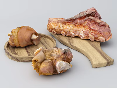 Juicy Roasted Pork Knuckle And Ribs On Wooden Board And Serving Plate 3d model