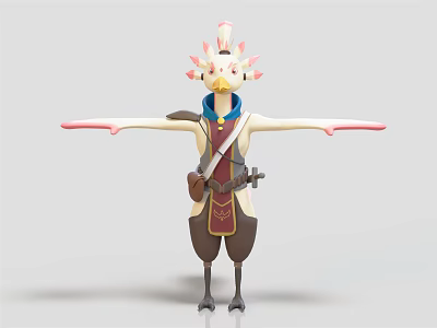 White feathered anthropomorphic bird with pink tipped wings wearing vest belt pouch and small weapon 3d model