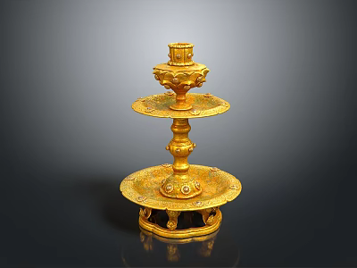 Golden Two Tiered Candle Holder With Decorative Base And Carved Details 3d model