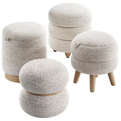 Soft Fluffy Ottoman Stools With Wooden Legs For Modern Living Room Decor 3d model