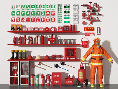 Assorted Fire Fighting Equipment with Extinguishers Hydrants Hoses Helmets Uniforms Safety Signs and Firefighter Model 3d model