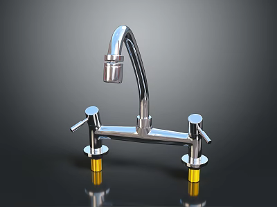 Silver Kitchen Faucet with Double Handles Yellow Base Modern Design and Shiny Metal Finish 3d model