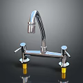 Silver Kitchen Faucet with Double Handles Yellow Base Modern Design and Shiny Metal Finish