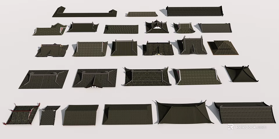 Various Dark Colored Roof Building Components With Different Designs And Shapes 3d model