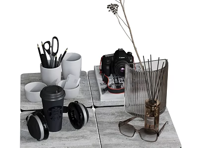 Tabletop Decorative Ornament Combination With Camera Dried Flowers Aromatherapy Bottle Coffee Cup Headphones And Sunglasses 3d model