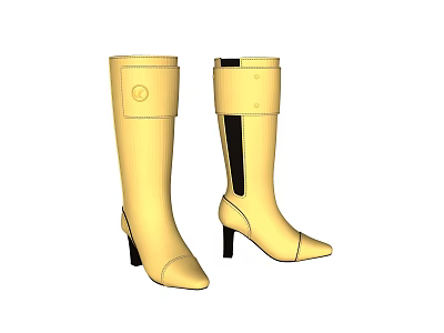 Yellow Knee High Boots with High Heels Buttons and Side Black Decorative Strip 3d model