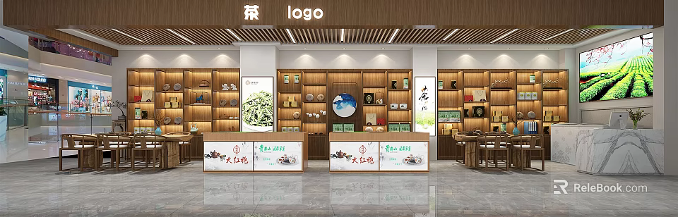 Tea Specialty Store With Wooden Interior And Da Hong Pao Tea Products On Display Shelves 3d model 