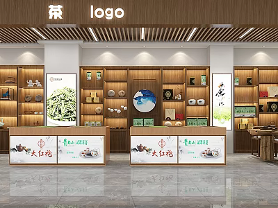 Tea Specialty Store With Wooden Interior And Da Hong Pao Tea Products On Display Shelves 3d model