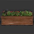 Wooden Planter With Metal Accents Featuring Green Plants And Red Flowers