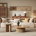 Natural Living Room Interior With Woven Pendant Light Wooden Furniture And Low Sofa