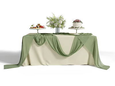 Decorated Table with Beige and Green Tablecloth Fruit Platter Cake and Floral Arrangement 3d model