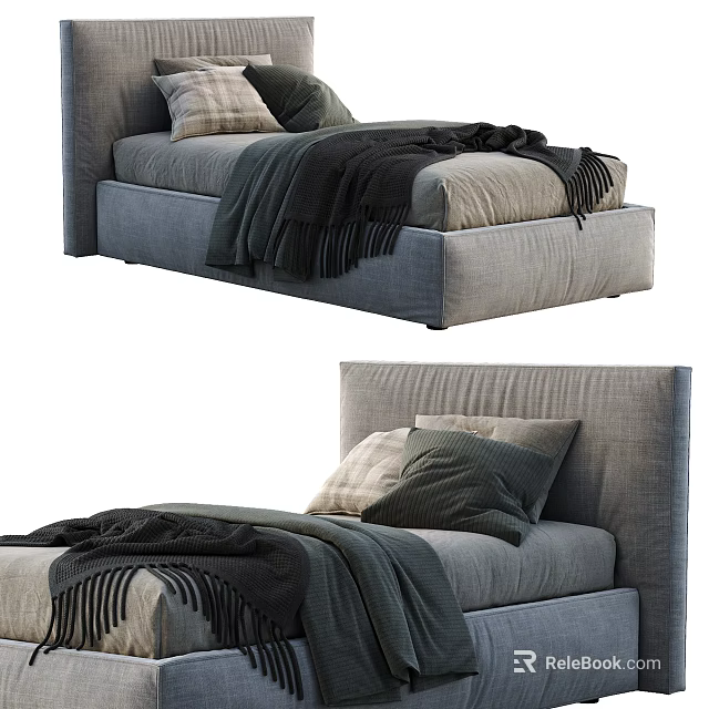 Modern Gray Upholstered Single Bed With Soft Pillows And Fringe Blanket 3d model 