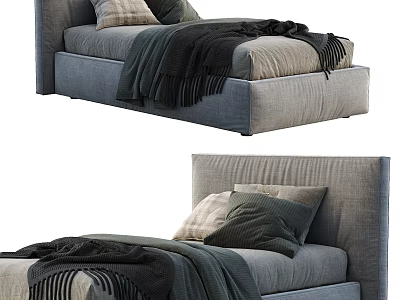 Modern Gray Upholstered Single Bed With Soft Pillows And Fringe Blanket 3d model