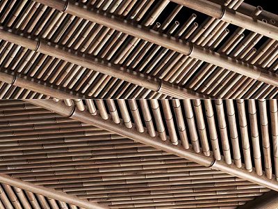 Neatly Arranged Bamboo Strips Create Decorative Ceiling Structure With Natural Texture Design 3d model