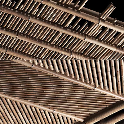 Neatly Arranged Bamboo Strips Create Decorative Ceiling Structure With Natural Texture Design 3d model