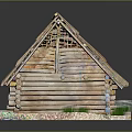 Log Cabin Model With Wooden Slatted Roof Log Walls Wooden Door Stone Base And Grass