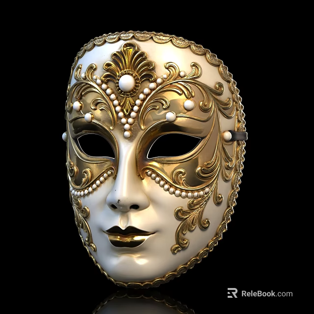 Ornate Gold And White Mask With Pearls And Decorative Patterns On Black Background 3d model 