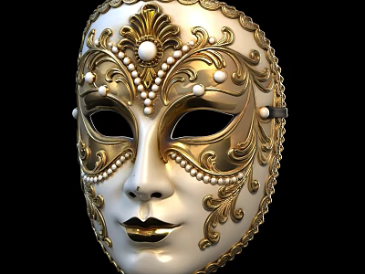 Ornate Gold And White Mask With Pearls And Decorative Patterns On Black Background 3d model