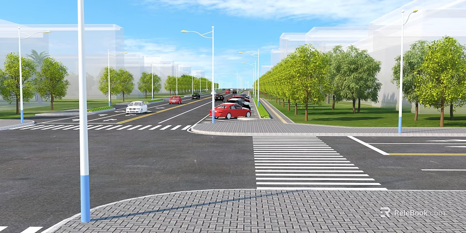 Urban Municipal Road with Green Trees Street Lamps Moving Vehicles and Zebra Crossings 3d model 