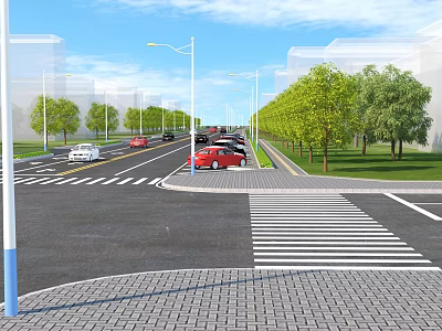 Urban Municipal Road with Green Trees Street Lamps Moving Vehicles and Zebra Crossings 3d model