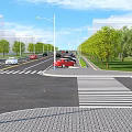 Urban Municipal Road with Green Trees Street Lamps Moving Vehicles and Zebra Crossings