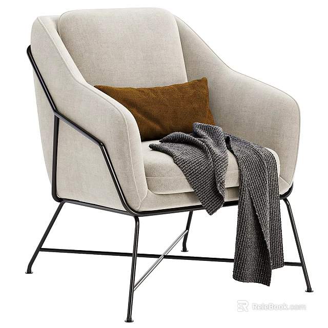 Beige Fabric Accent Chair With Black Metal Frame Brown Pillow And Gray Blanket 3d model 