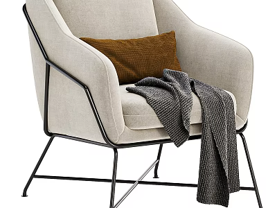 Beige Fabric Accent Chair With Black Metal Frame Brown Pillow And Gray Blanket 3d model