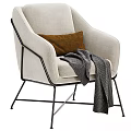 Beige Fabric Accent Chair With Black Metal Frame Brown Pillow And Gray Blanket