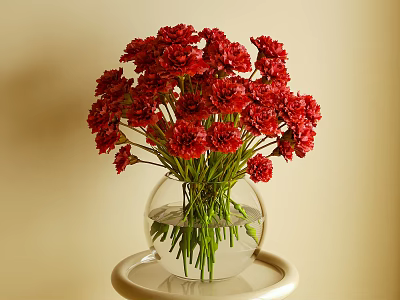 Red Carnations in Clear Glass Vase with White Round Base on Beige Background 3d model