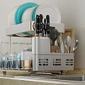 Kitchen Dish Rack With Plates Bowls Knives Spoons And Glasses By Stainless Steel Sink